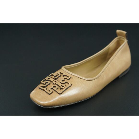 Tory Burch Ines Ballet Flat Leather Size 7.5 Square Toe Logo Tan Almond Rare - Picture 1 of 9